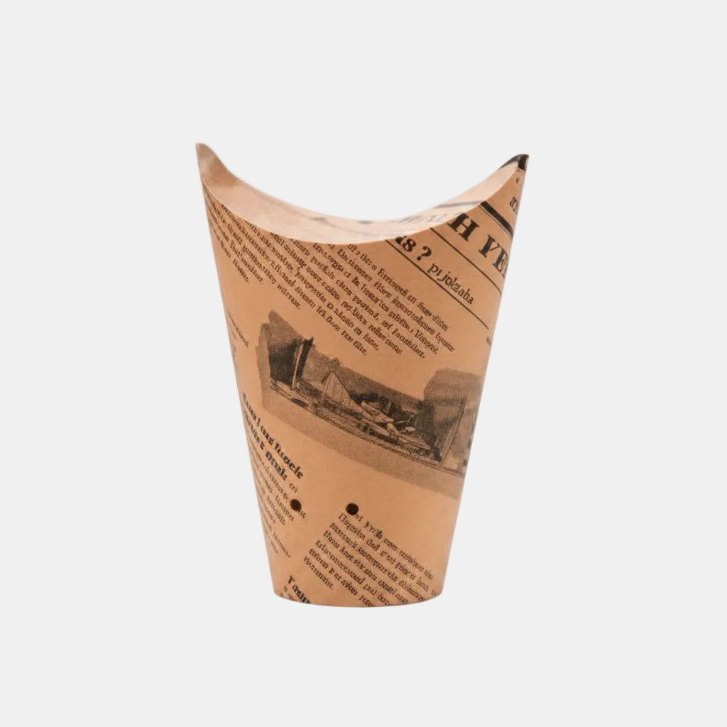 Kraft cardboard container for pasta, tapas and potatoes, newspaper design, ø6x10cm, 480ml (1000 units)