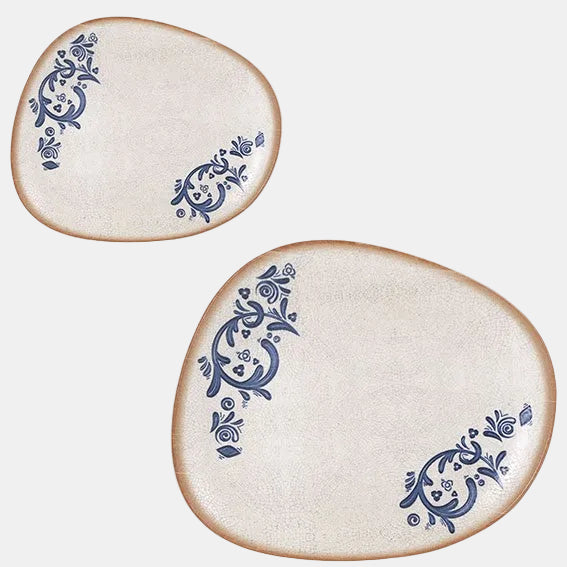 Prato plano irregular em porcelana Laudum, 33x27 cm. Garantia contra lascas (6 unidades).