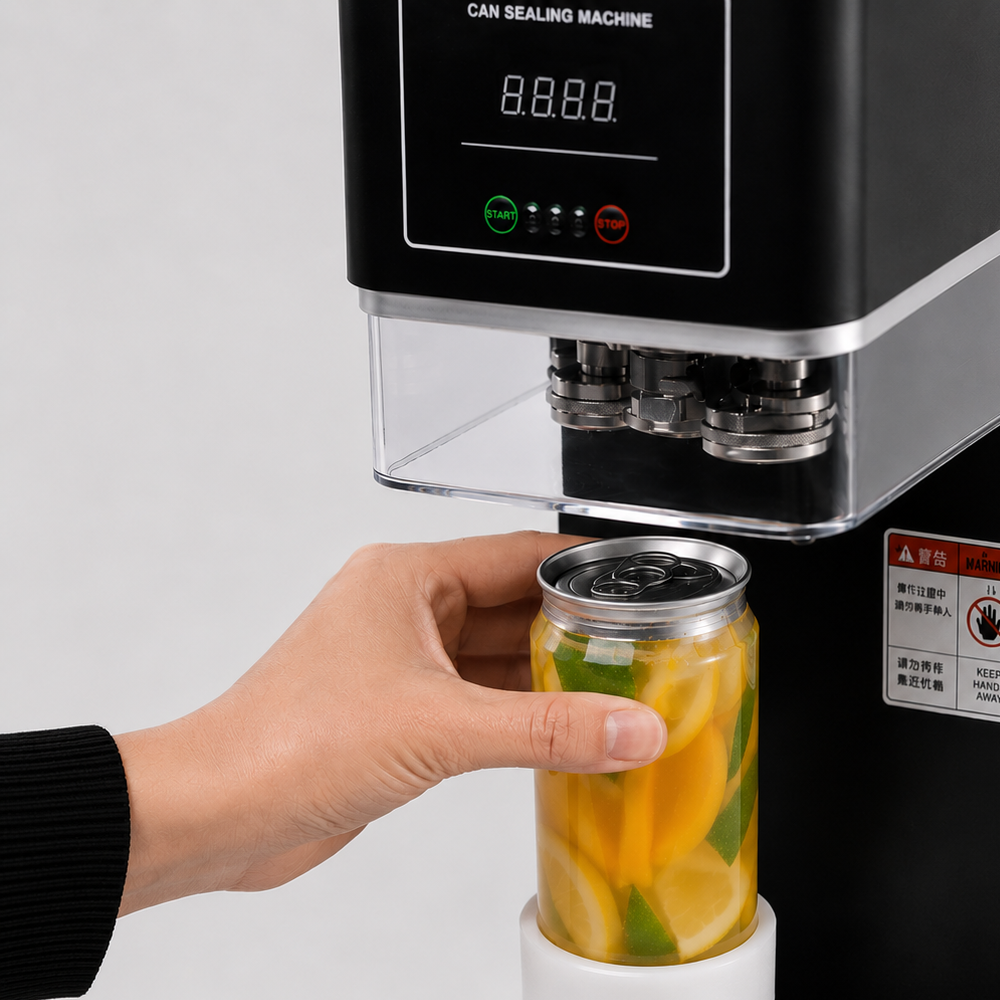 Mano colocando una lata transparente con bebida de cítricos en una máquina cierralatas automática para sellar envases de bebidas y take away.