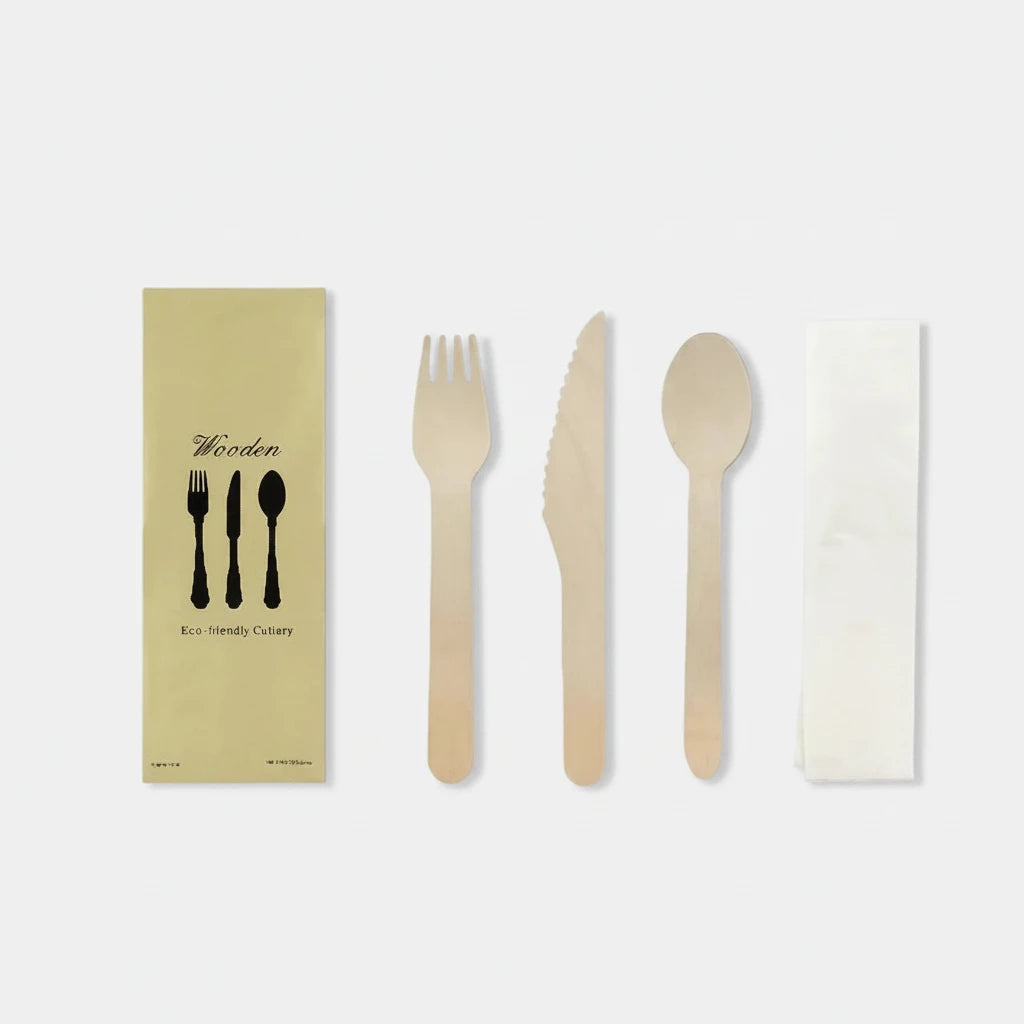Wooden cutlery set 15.5 cm + Napkin in kraft sleeve - 250 pcs