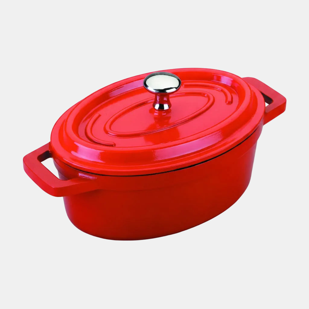Mini cast aluminum oval casserole dish with lid.
