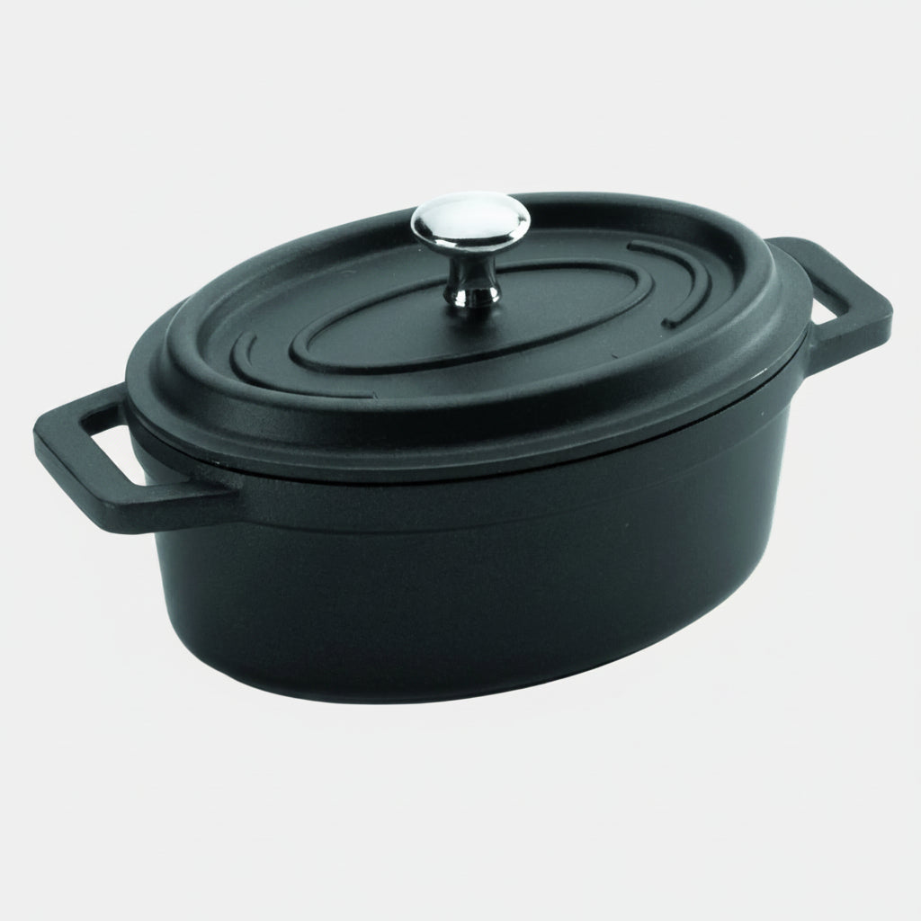 Mini cast aluminum oval casserole dish with lid.