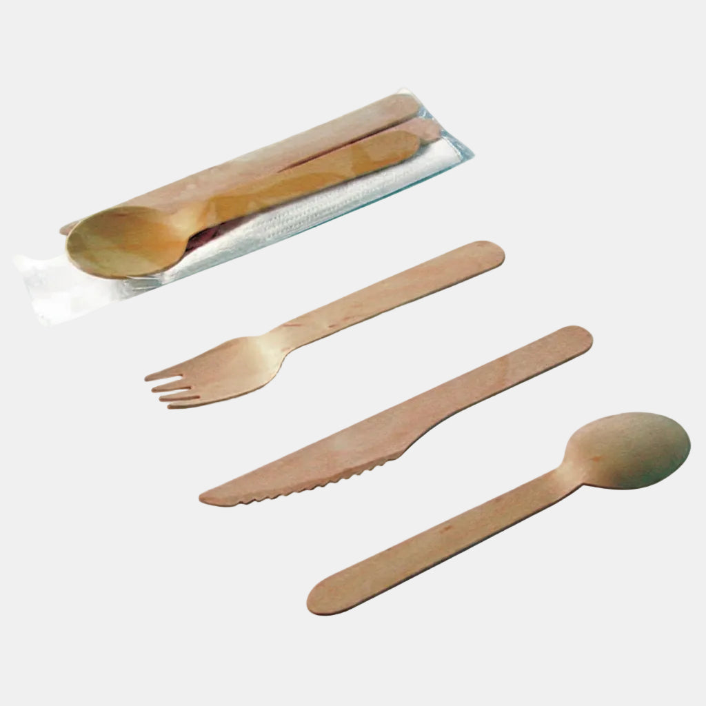 Wooden cutlery set with white napkin (200 pieces)