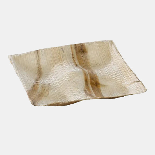 Plato de hoja de palma 4 compartimentos. 20,5 x 20,5 x 2,3 cm - 100 Ud.