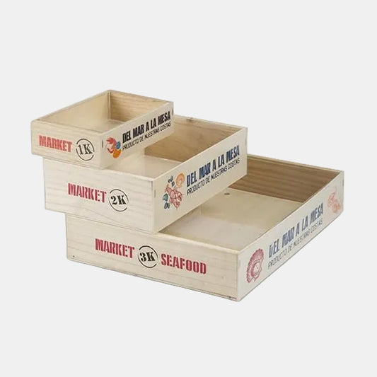Caixa de madeira impressa para marisco, 3 kg, 40 x 30 x 7 cm (3 unidades). Preço por unidade: 42,35€.