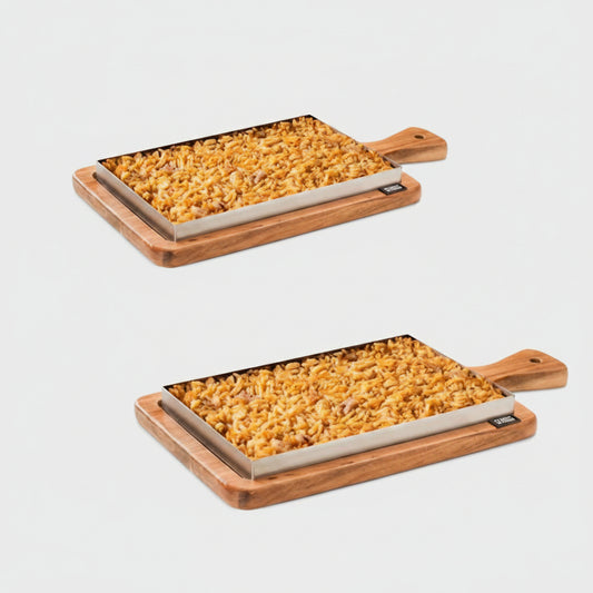 Llauna arroz acero inox + bandeja de madera con mango. 22 x 14 x 2 cm - 6 Uds.