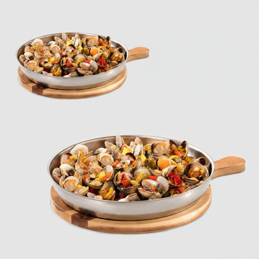 Llauna arroz acero inox redonda + bandeja de madera redonda con mango. Varias medidas - 6 Uds.