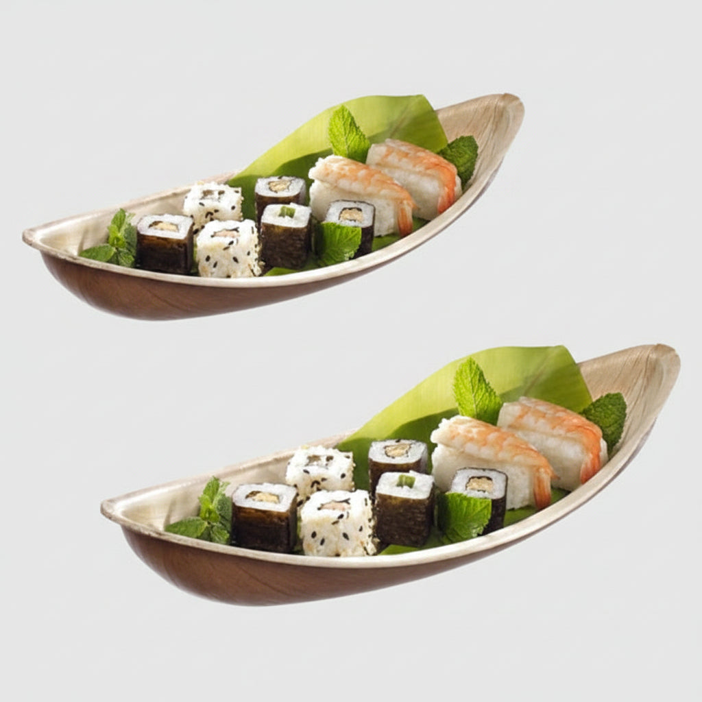 Prato em forma de barco feito com folha de palmeira areca, 13x30,1x5,7 cm (100 unidades)