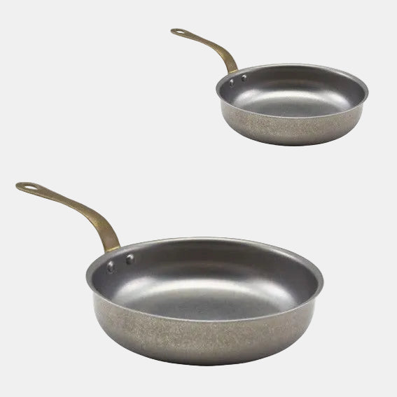 Matte stainless steel frying pan with vintage brass handle. Various sizes (6 units)