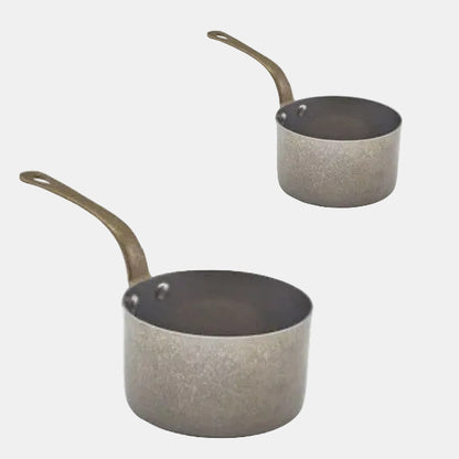 Mini cazo salsa de acero inox mate con asa de latón vintage. Varias medidas - 6 Uds.