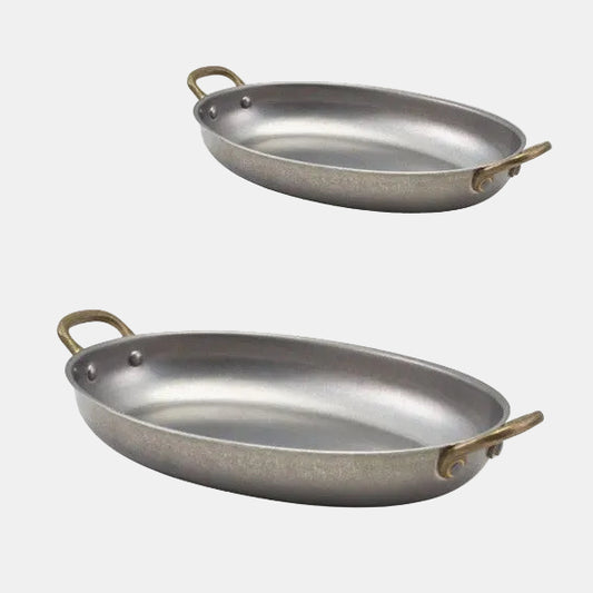 Cazuela oval de acero inox mate con asa de latón vintage. Varias medidas - 6 Uds.