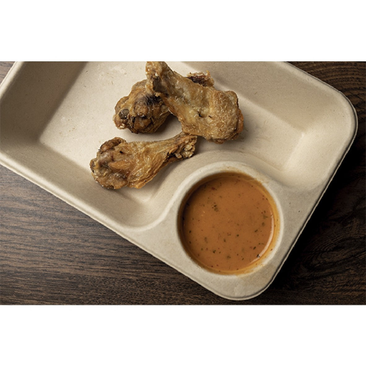 Rectangular sugarcane tray with sauce compartment 218x165x45 mm (250 pcs)