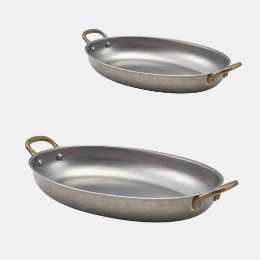 Cazuela oval de acero inox mate con asa de latón vintage. Varias medidas - 3 Uds.