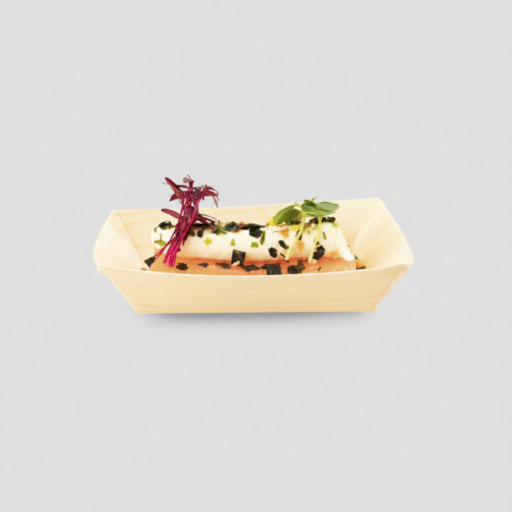 Barquilla rectangular de madera para presentar comida. Varias medidas - 600 Uds.