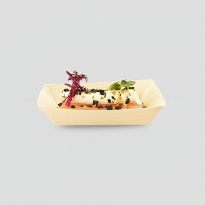 Barquilla rectangular de madera para presentar comida. Varias medidas - 600 Uds.