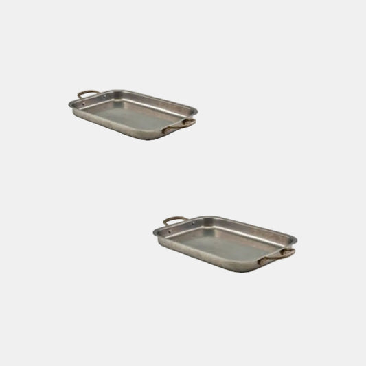 Bandeja de acero inox vintage con asas latón. 33 x 23.5 cm - 3 Uds.