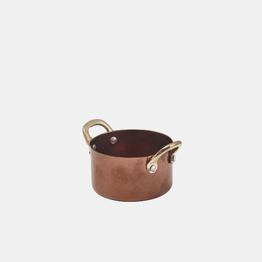 Vintage copper casserole dish with gold handles. Various sizes. Set of 6.