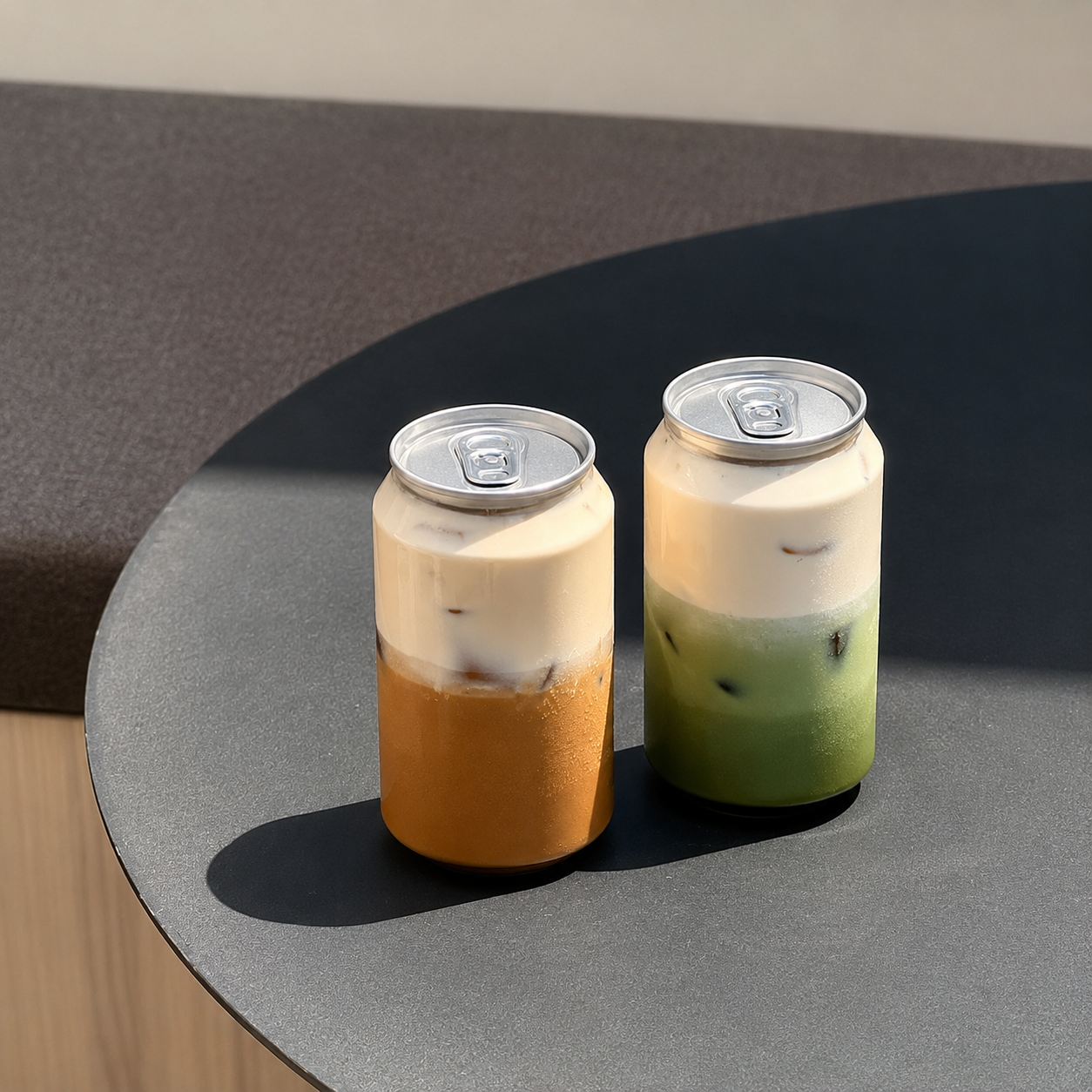 Dos latas transparentes con tapa easy open, una con café con leche helado y otra con matcha latte helado, sobre una mesa en una cafetería.