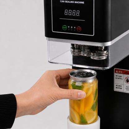 Mano colocando una lata transparente con bebida de cítricos en una máquina cierralatas automática para sellar envases de bebidas y take away.