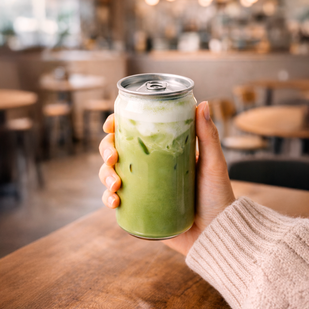 Mano sujetando una lata transparente con matcha latte helado y espuma de leche en una cafetería, con fondo desenfocado y tapa metálica reutilizable.
