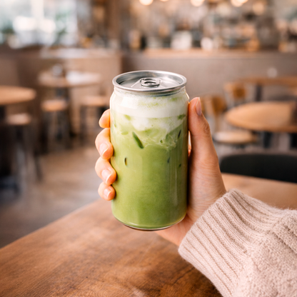 Mano sujetando una lata transparente con matcha latte helado y espuma de leche en una cafetería, con fondo desenfocado y tapa metálica reutilizable.