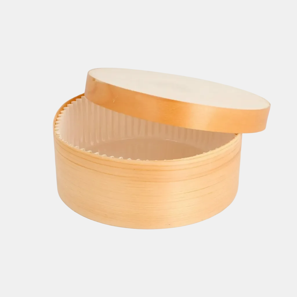 Caja de madera horneable + Papel de cocción. ø13.3 x 5.1 cm. 500 ml - 60 uds.